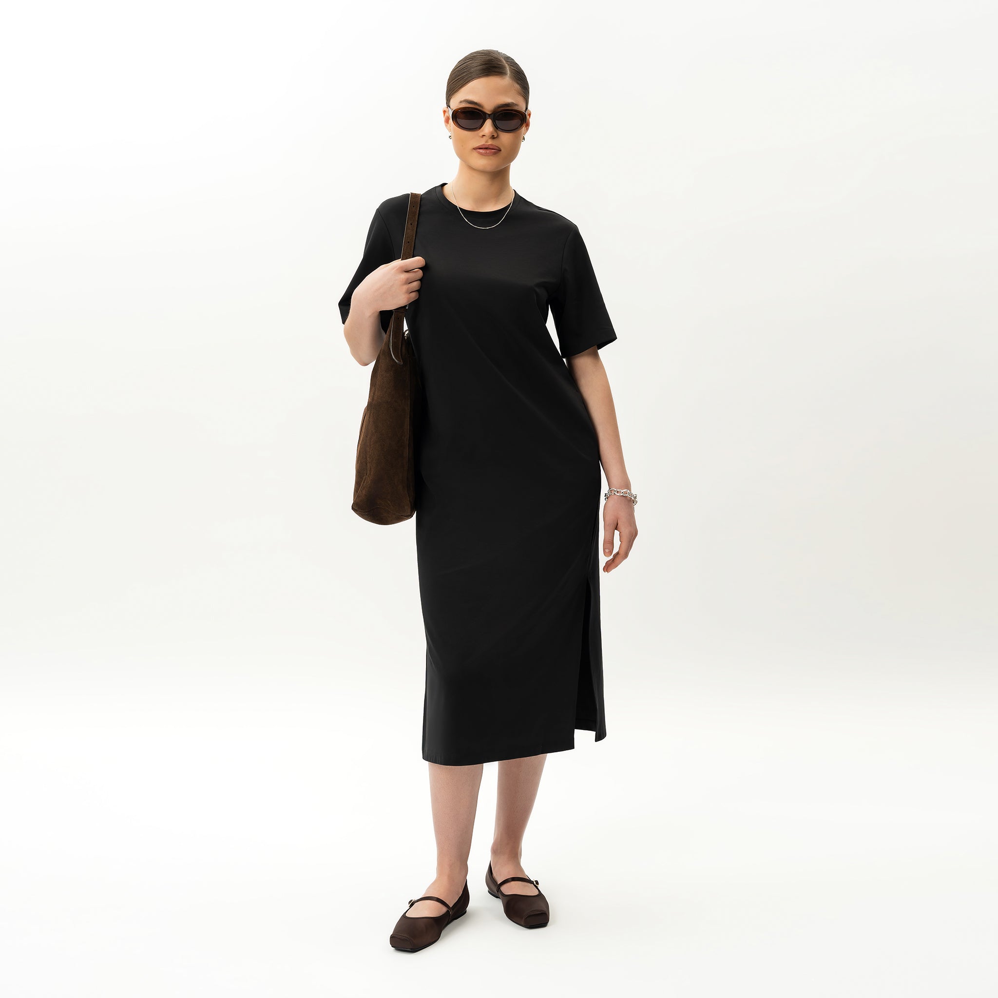 black dress t-shirt Black Cotton T-Shirt Mini Dress with Shoulder Pads