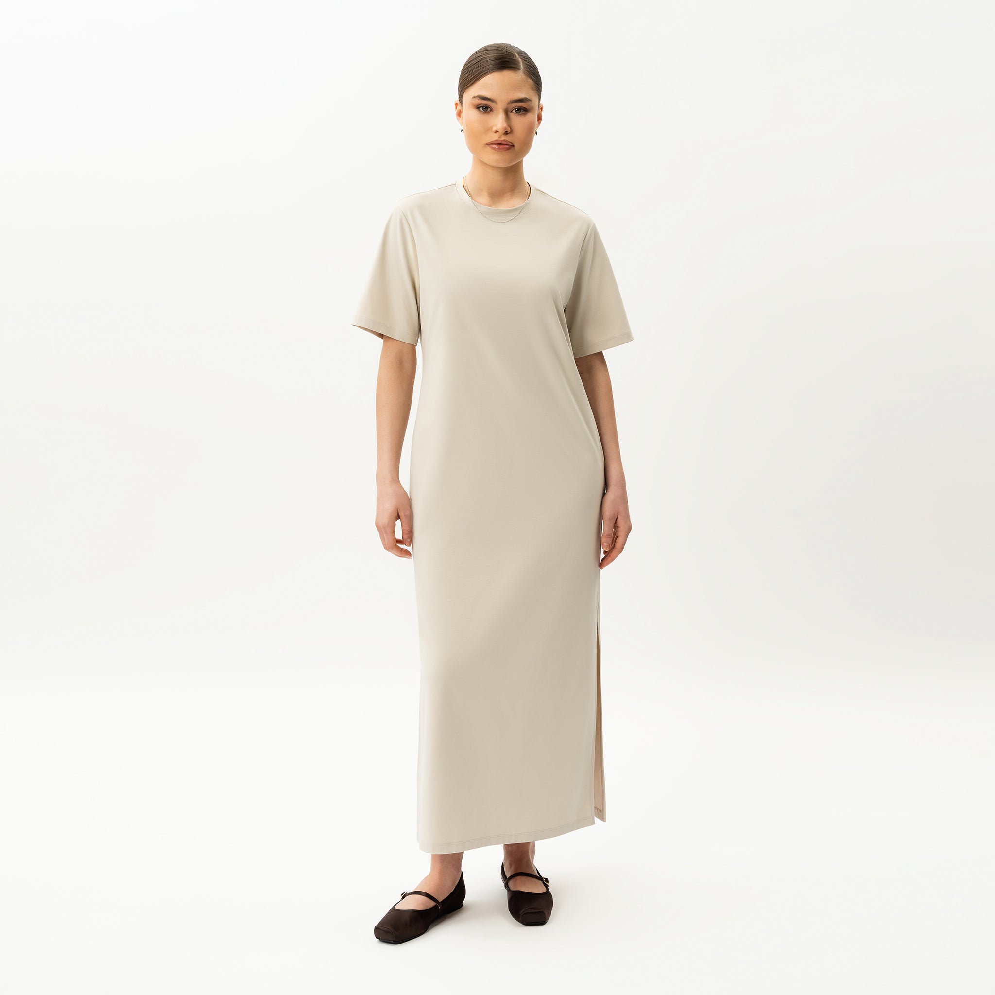 beige t shirt dress PLEATED T-SHIRT / S/M Made from a soft Ninepine - Summer T-Shirt Dress