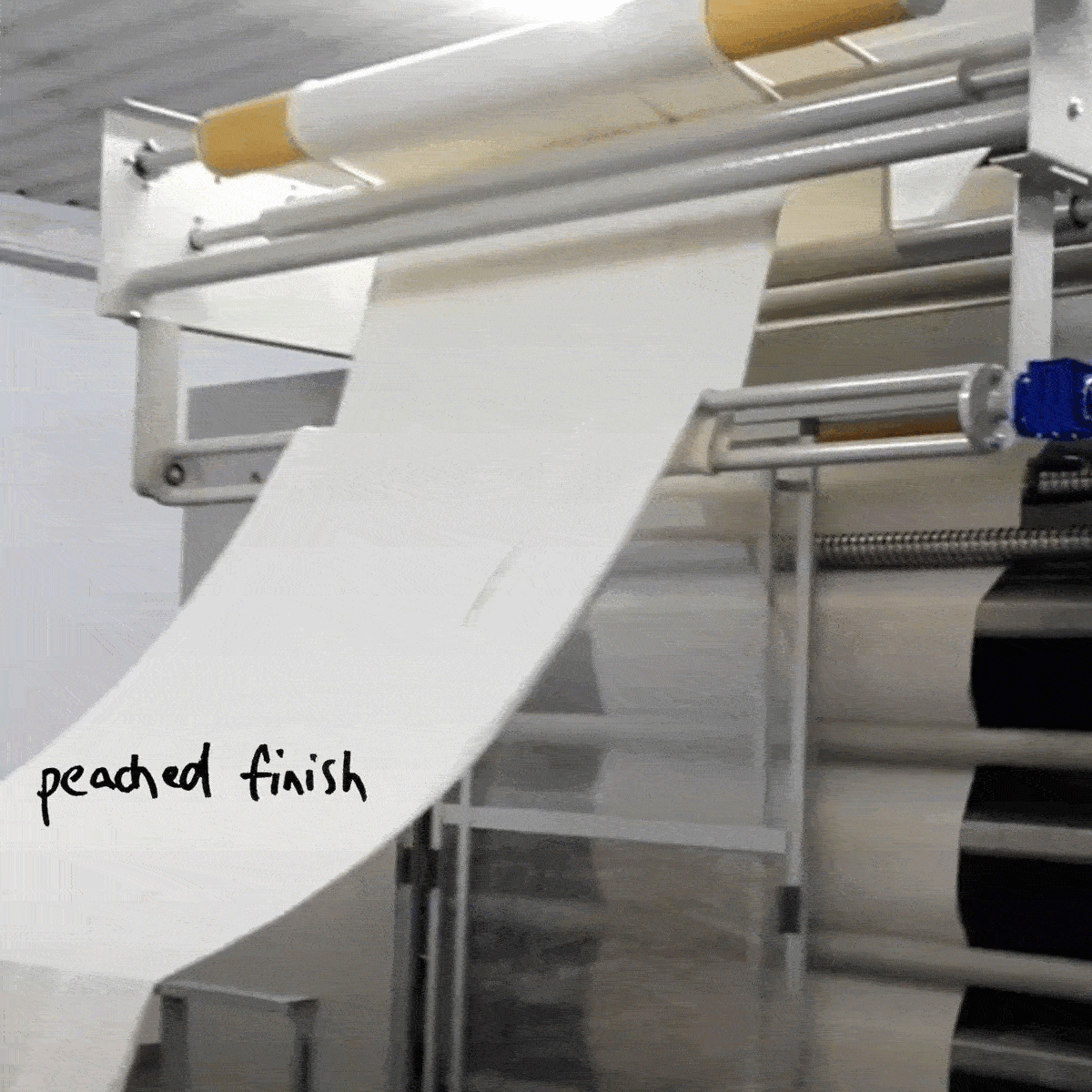 Gif of fabric peaching process through a machine and close up of ninepine fabric