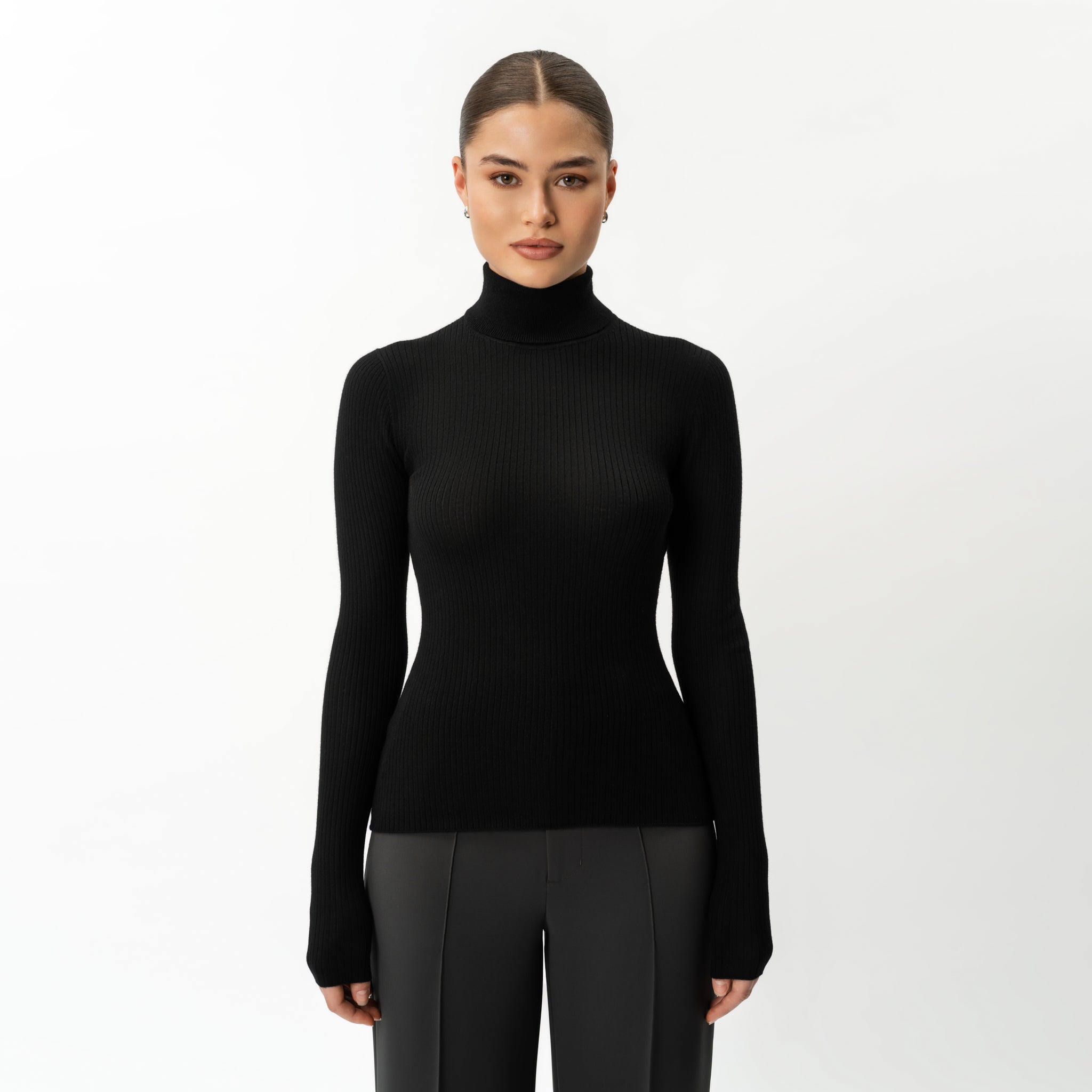 Merinowolle gerippter Rollkragenpullover – Ninepine