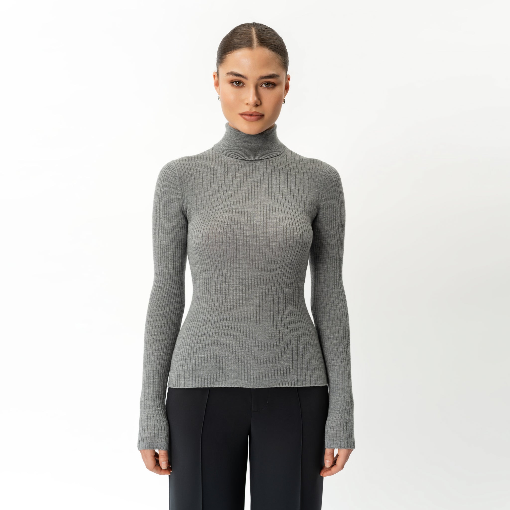 Merinowolle gerippter Rollkragenpullover – Ninepine