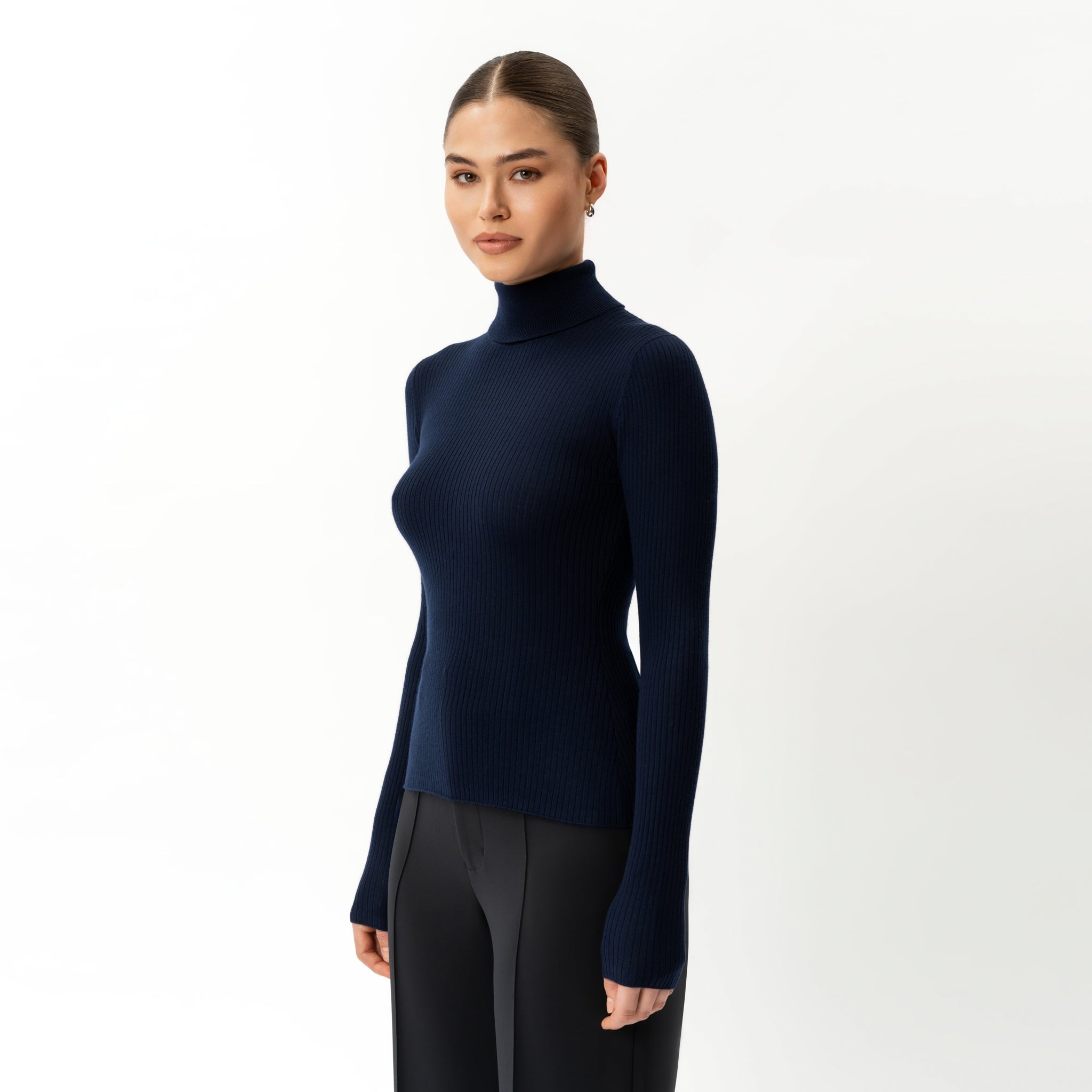 Merinowolle gerippter Rollkragenpullover – Ninepine